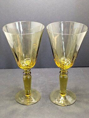 2 Vintage Art Glass Yellow Gold Wine Water Goblets 8 3/4" Hand Blown Heavy